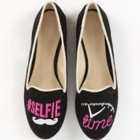 Qupid Hashtag Selfie Time Black/Pink Special Novelty Flat Loafer Shoes Lady's 9 - Picture 1 of 5